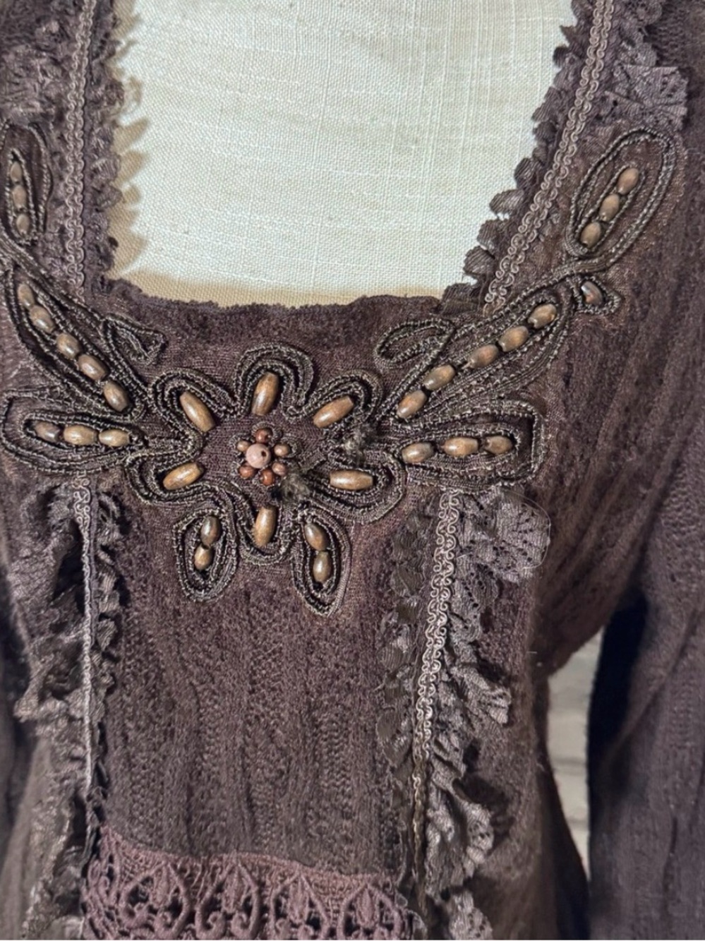 PRETTY ANGEL Brown Embroidery beaded Sweater Longsleeve Square Neck Mesh Lace - Picture 6 of 15